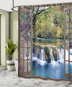 Surreal Forest Waterfall Shower Curtain, Deep Waterfall Viewed From City Window, Cloth Bathroom Decor, Forest Green 