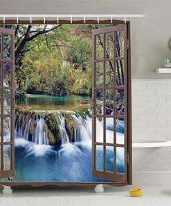 Surreal Forest Waterfall Shower Curtain, Deep Waterfall Viewed From City Window, Cloth Bathroom Decor W, Forest Green