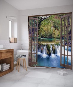Surreal Forest Waterfall Shower Curtain, Deep Waterfall Viewed From City Window, Cloth Bathroom Decor W, Forest Green