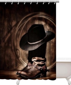 Surround yourself with Western Cowboy Shower Curtain with American Western Cowboy Hat Boots Vintage Picture Prints 
