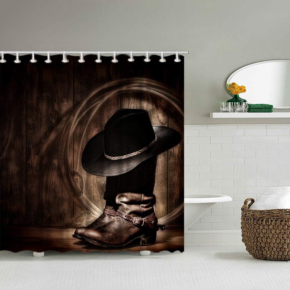 Surround yourself with Western Cowboy Shower Curtain with American Western Cowboy Hat Boots Vintage Picture Prints