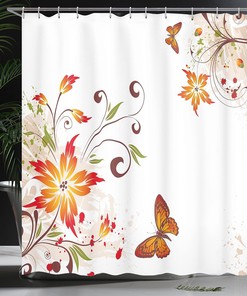 Swirled Floral Shower Curtain with Nature Motif in Orange Brown for Home Decor