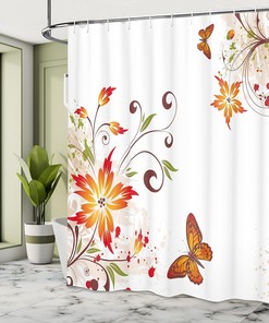Swirled Floral Shower Curtain with Nature Motif in Orange Brown for Home Decor