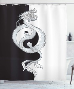 Swirling Dragon Shower Curtain, Oriental Themed Yin Yang Cloth Fabric Bathroom Decor, Home Decor Grey/White