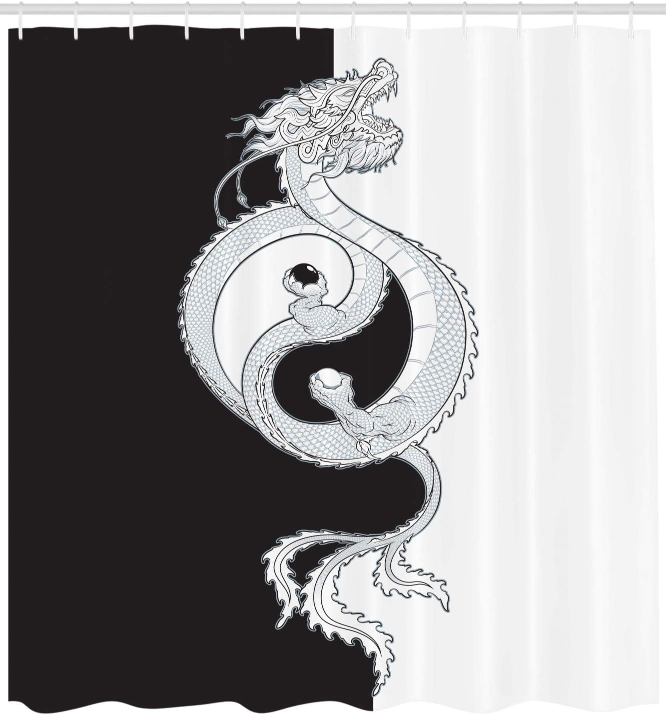 Swirling Dragon Shower Curtain, Oriental Themed Yin Yang Cloth Fabric Bathroom Decor, Home Decor Grey/White