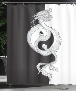 Swirling Dragon Shower Curtain, Oriental Themed Yin Yang Cloth Fabric Bathroom Decor, Home Decor Grey/White