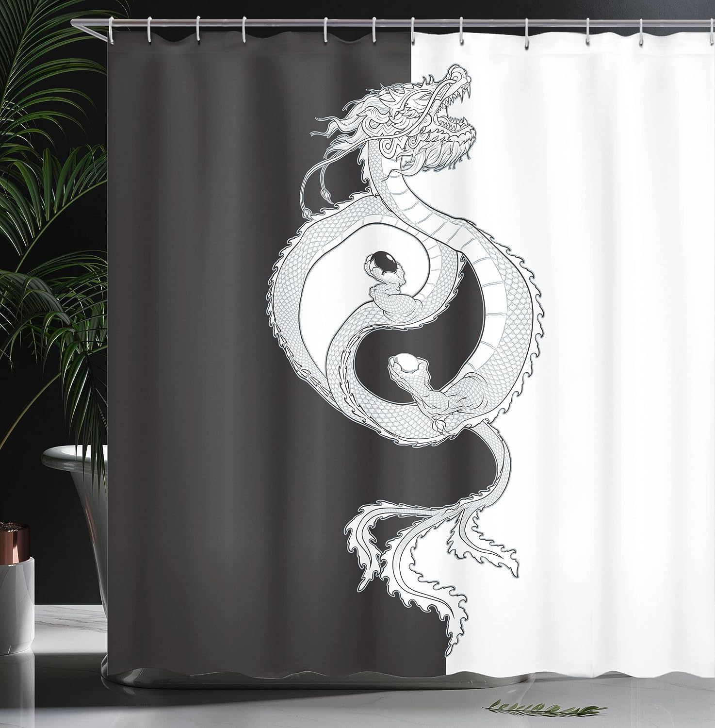Swirling Dragon Shower Curtain, Oriental Themed Yin Yang Cloth Fabric Bathroom Decor, Home Decor Grey/White