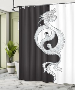 Swirling Dragon Shower Curtain, Oriental Themed Yin Yang Cloth Fabric Bathroom Decor, Home Decor Grey/White