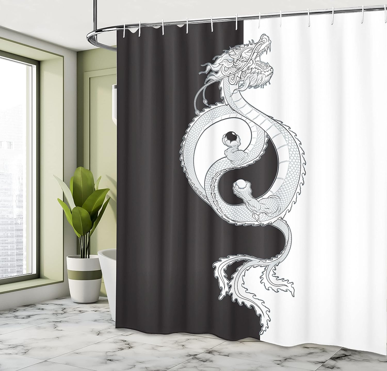 Swirling Dragon Shower Curtain, Oriental Themed Yin Yang Cloth Fabric Bathroom Decor, Home Decor Grey/White