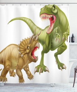 T Rex and Triceratops Dinosaur Shower Curtain, Cloth Bathroom Decor