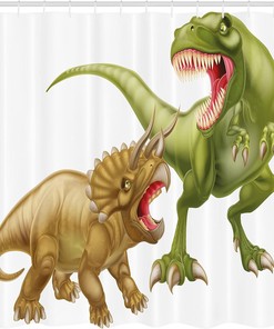 T Rex and Triceratops Dinosaur Shower Curtain, Cloth Bathroom Decor
