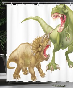 T Rex and Triceratops Dinosaur Shower Curtain, Cloth Bathroom Decor