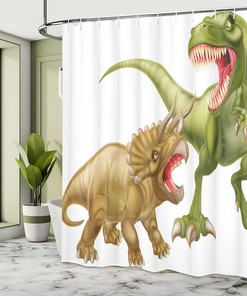 T Rex and Triceratops Dinosaur Shower Curtain, Cloth Bathroom Decor