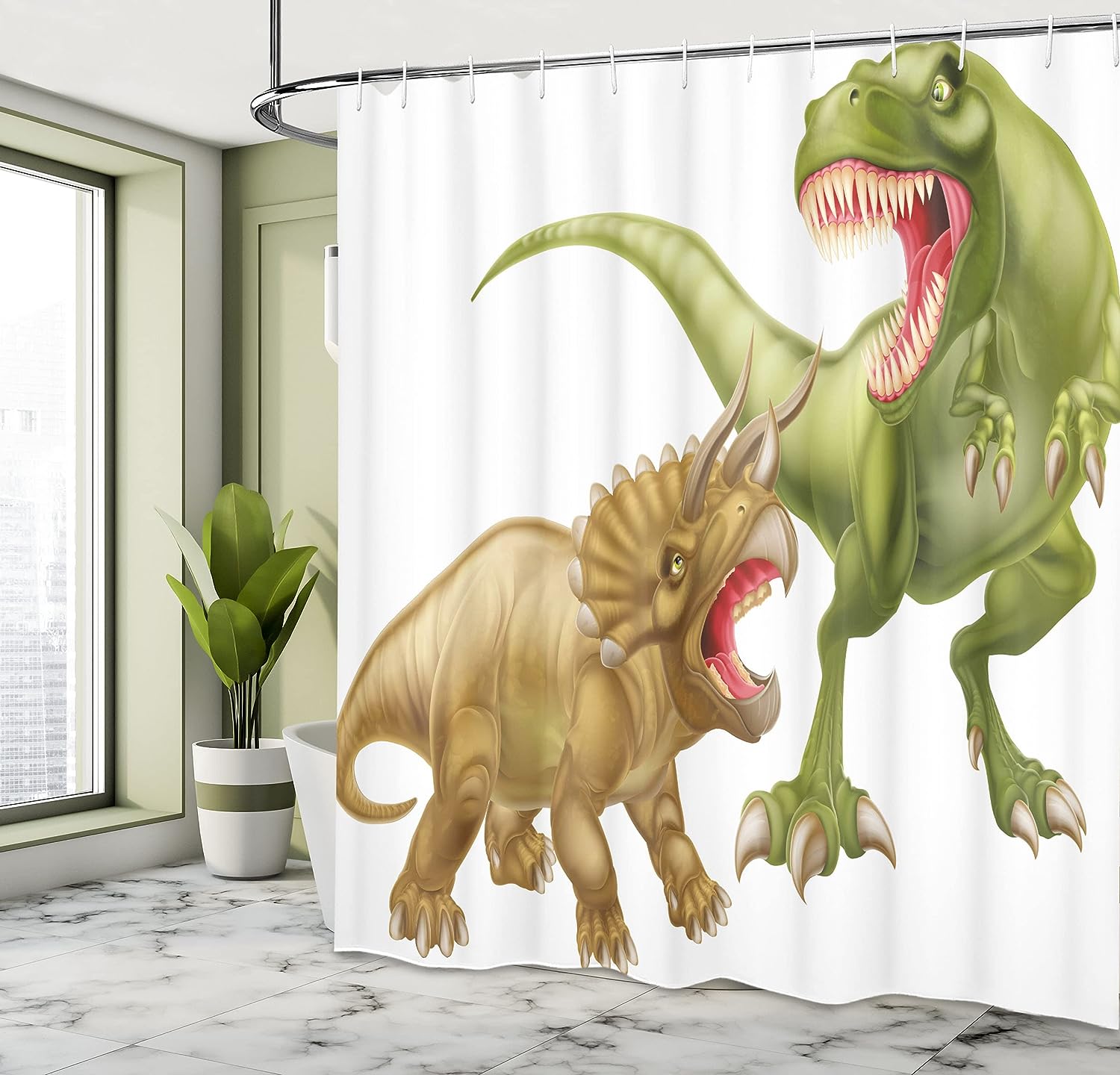 T Rex and Triceratops Dinosaur Shower Curtain, Cloth Bathroom Decor