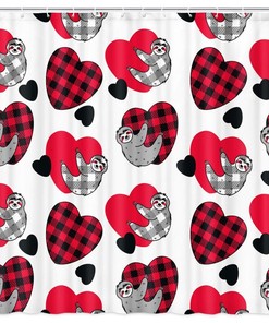 Tartan Red Sloth Hearts Black Shower Curtain for Cute and Comforting Bathroom Decor