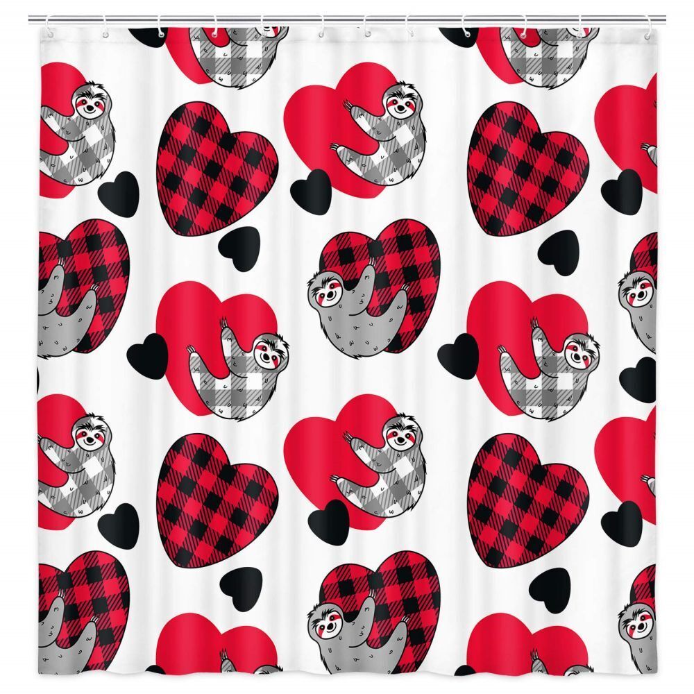 Tartan Red Sloth Hearts Black Shower Curtain for Cute and Comforting Bathroom Decor