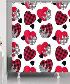 Tartan Red Sloth Hearts Black Shower Curtain for Cute and Comforting Bathroom Decor