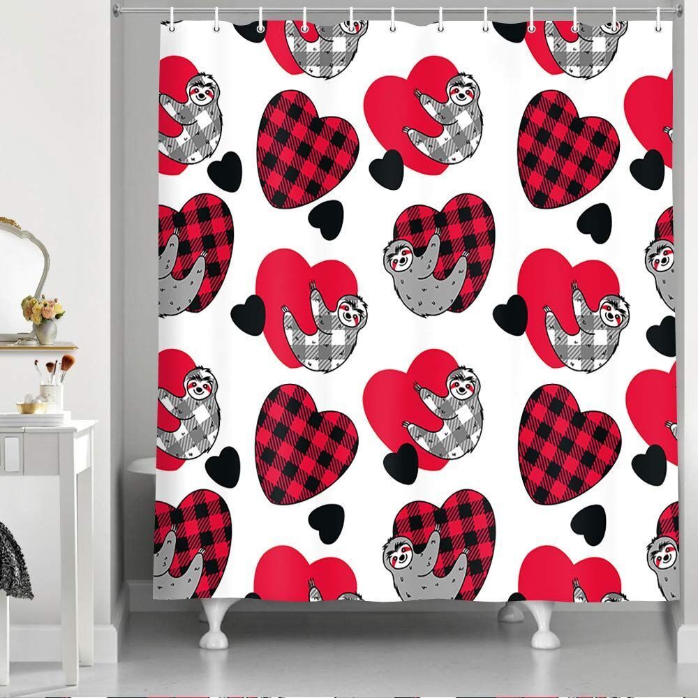 Tartan Red Sloth Hearts Black Shower Curtain for Cute and Comforting Bathroom Decor