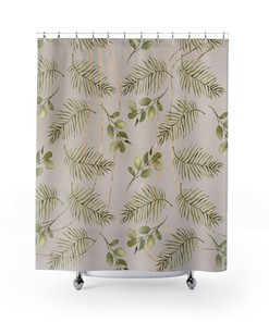 Taupe Beige Sage Green Botanical Shower Curtain with Tropical Boheme Leaves - Bathroom Decor
