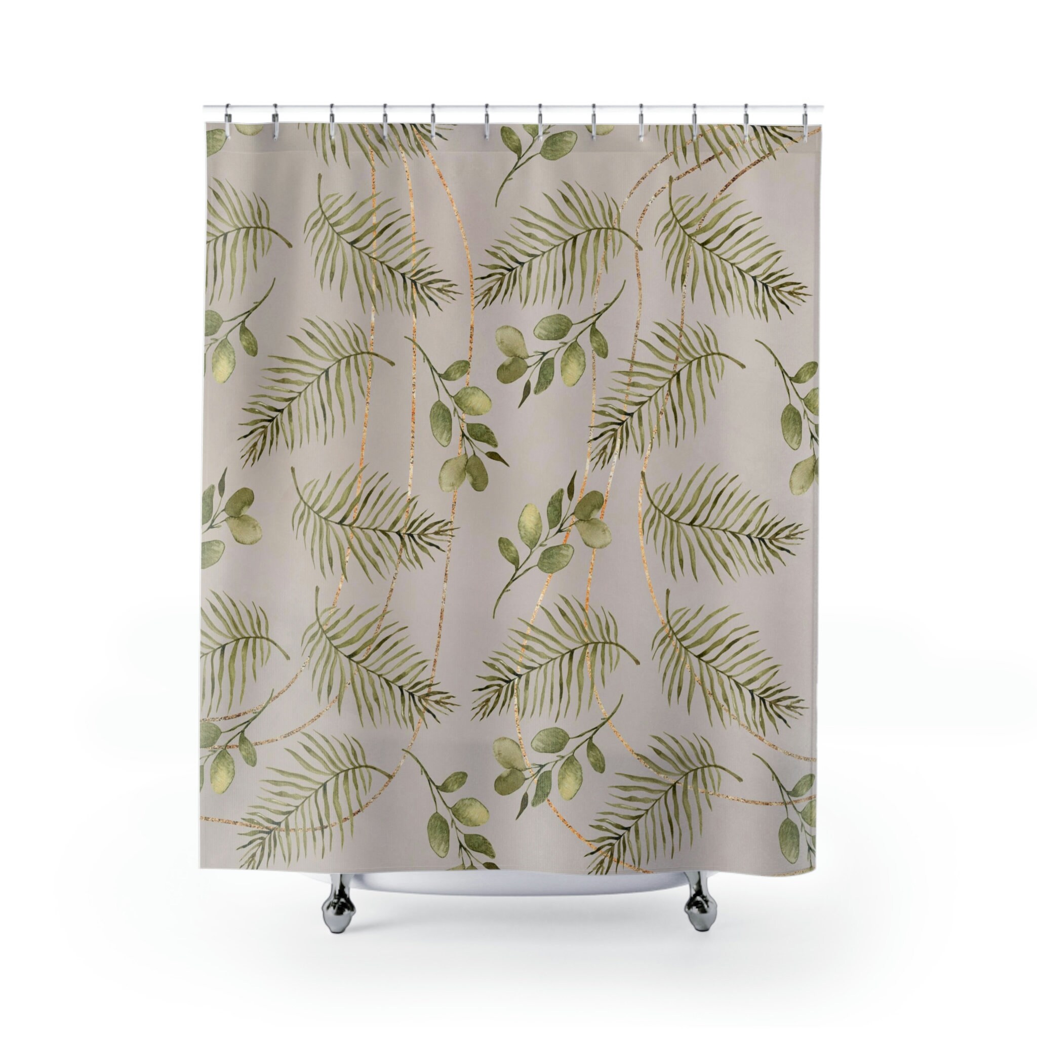 Taupe Beige Sage Green Botanical Shower Curtain with Tropical Boheme Leaves - Bathroom Decor