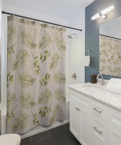 Taupe Beige Sage Green Botanical Shower Curtain with Tropical Boheme Leaves - Bathroom Decor
