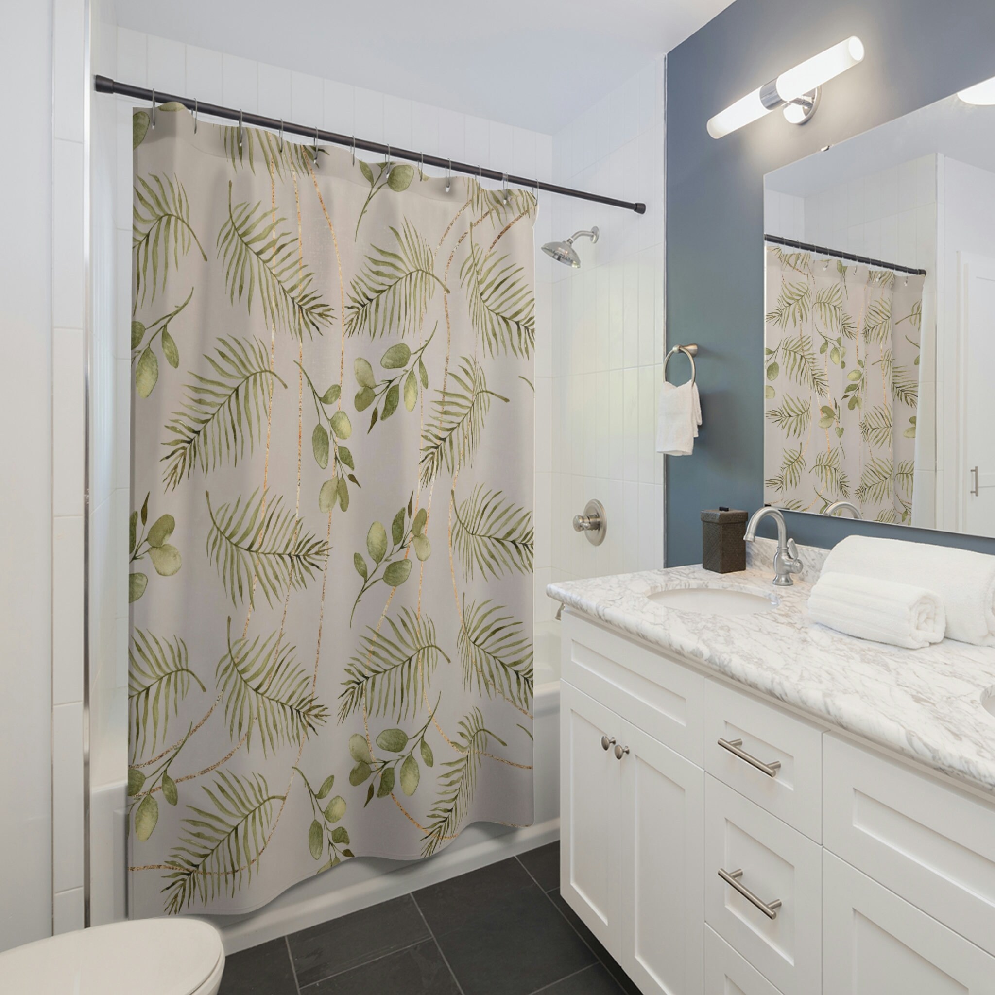 Taupe Beige Sage Green Botanical Shower Curtain with Tropical Boheme Leaves - Bathroom Decor