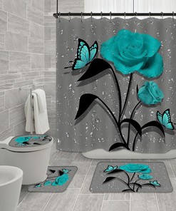 Teal Gray Rose Shower Curtain with Raindrops Bath Mat and Non-Slip Cover for a Chic Bathroom Decor