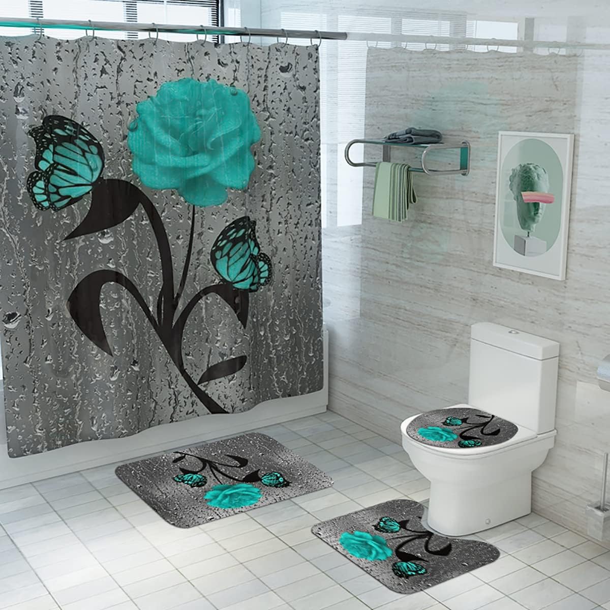 Teal Rose Flower & Butterfly Shower Curtain Set for Floral Bathroom Decor