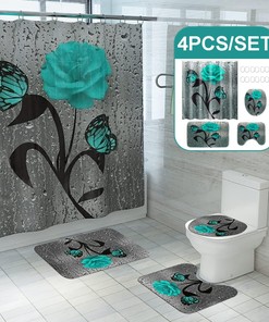 Teal Rose Flower & Butterfly Shower Curtain Set for Floral Bathroom Decor