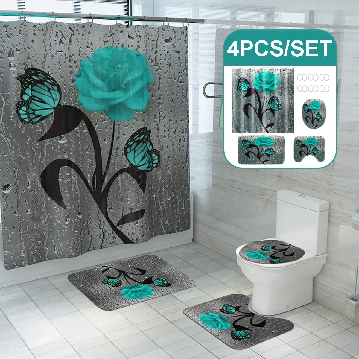 Teal Rose Flower & Butterfly Shower Curtain Set for Floral Bathroom Decor