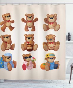 Teddy Bears Shower Curtain, Funny Different Faces Nostalgic Design in Chocolate Cream Bathroom Decor