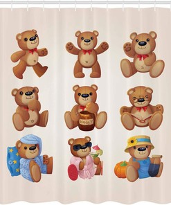 Teddy Bears Shower Curtain, Funny Different Faces Nostalgic Design in Chocolate Cream Bathroom Decor