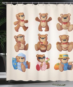 Teddy Bears Shower Curtain, Funny Different Faces Nostalgic Design in Chocolate Cream Bathroom Decor