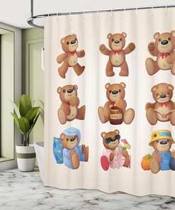 Teddy Bears Shower Curtain, Funny Different Faces Nostalgic Design in Chocolate Cream Bathroom Decor