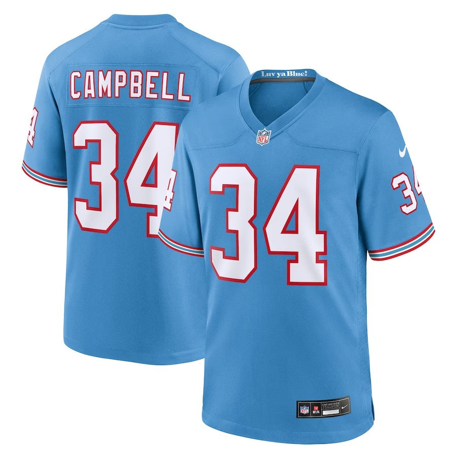 Tennessee Titans #34 Earl Campbell Oilers Throwback Retired Player Game Jersey - Light Blue