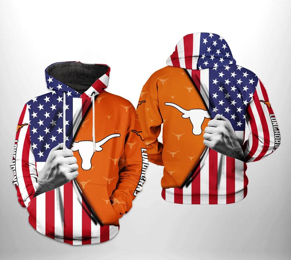 Texas Longhorns With Flag American My Heart 3D Hoodie Texas Longhorns NCAA Gifts