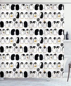 Themed Cartoon Arctic Animals Holding Hands Penguins Shower Curtain Bathroom Decor