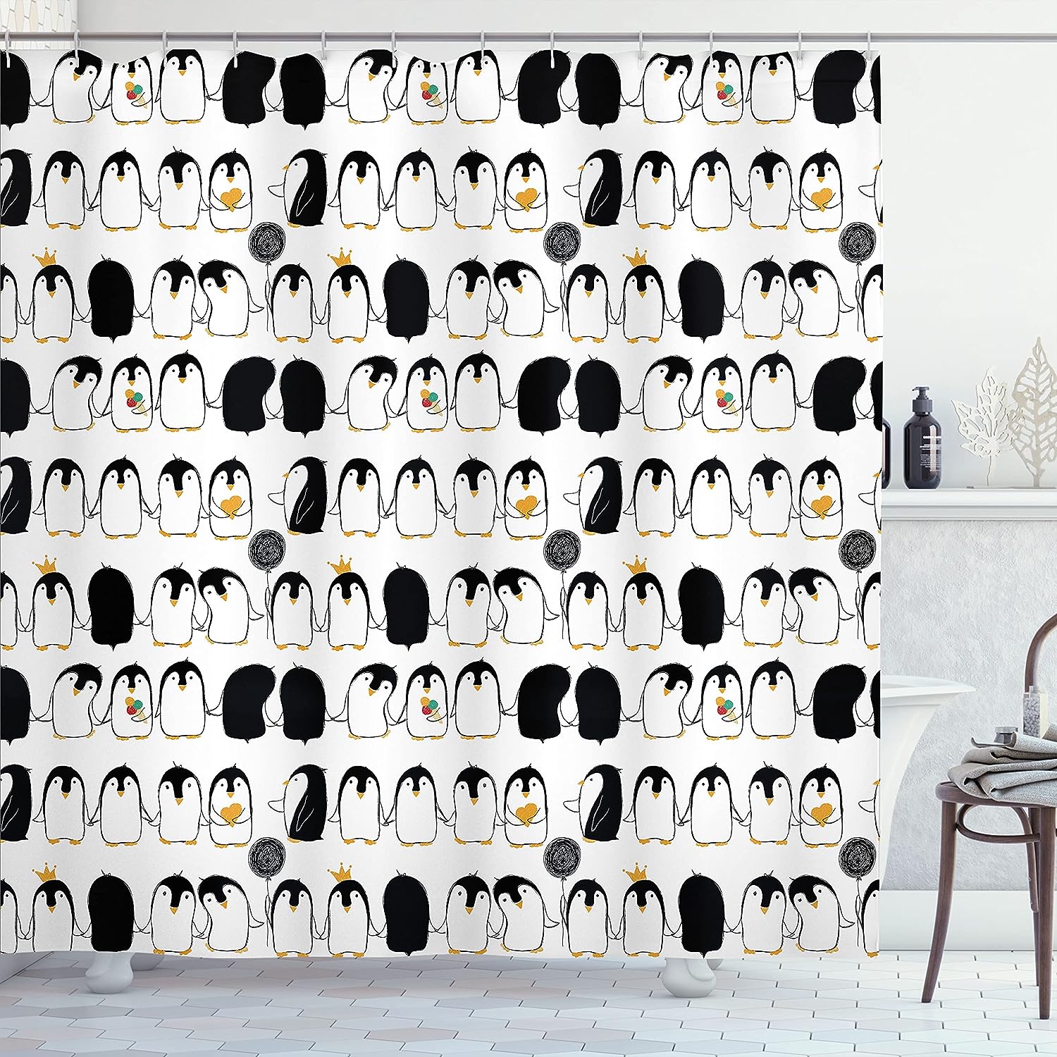 Themed Cartoon Arctic Animals Holding Hands Penguins Shower Curtain Bathroom Decor