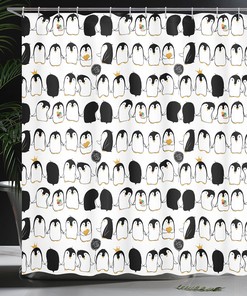 Themed Cartoon Arctic Animals Holding Hands Penguins Shower Curtain Bathroom Decor