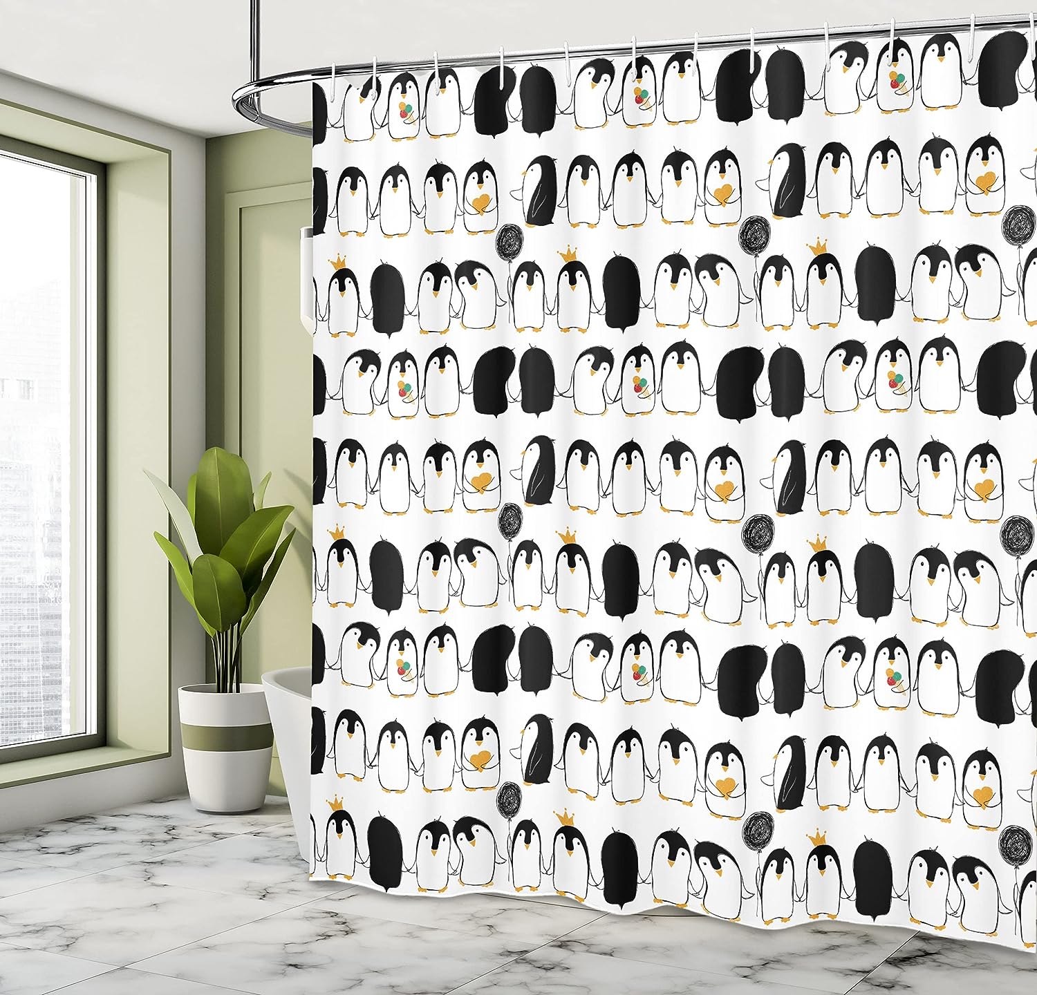 Themed Cartoon Arctic Animals Holding Hands Penguins Shower Curtain Bathroom Decor