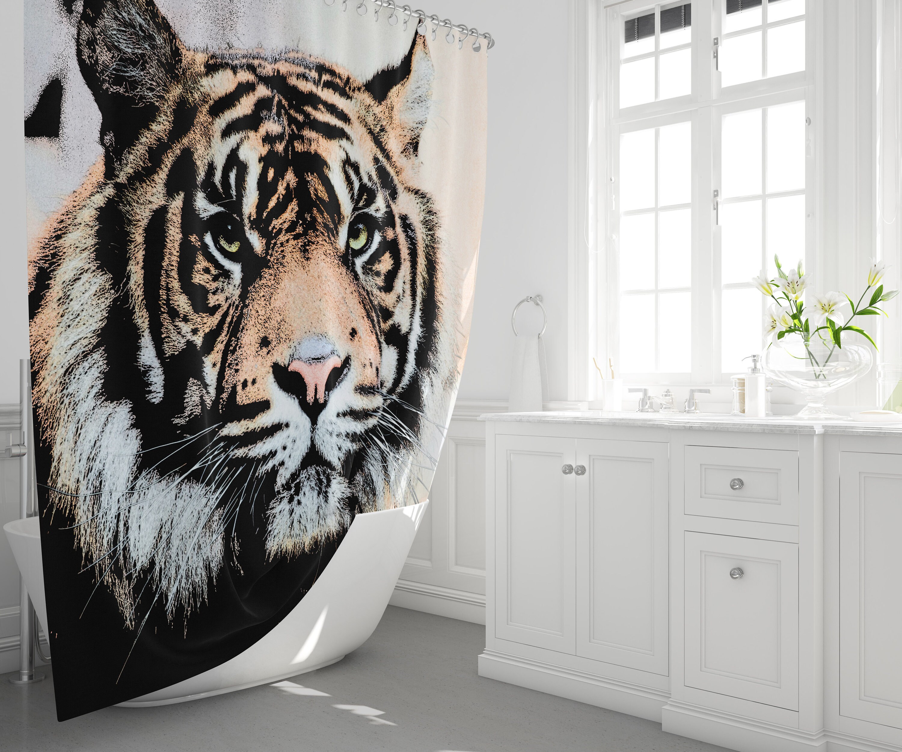 Tiger Sketch Style Shower Curtain for Big Cat Lovers' Bathroom Decor