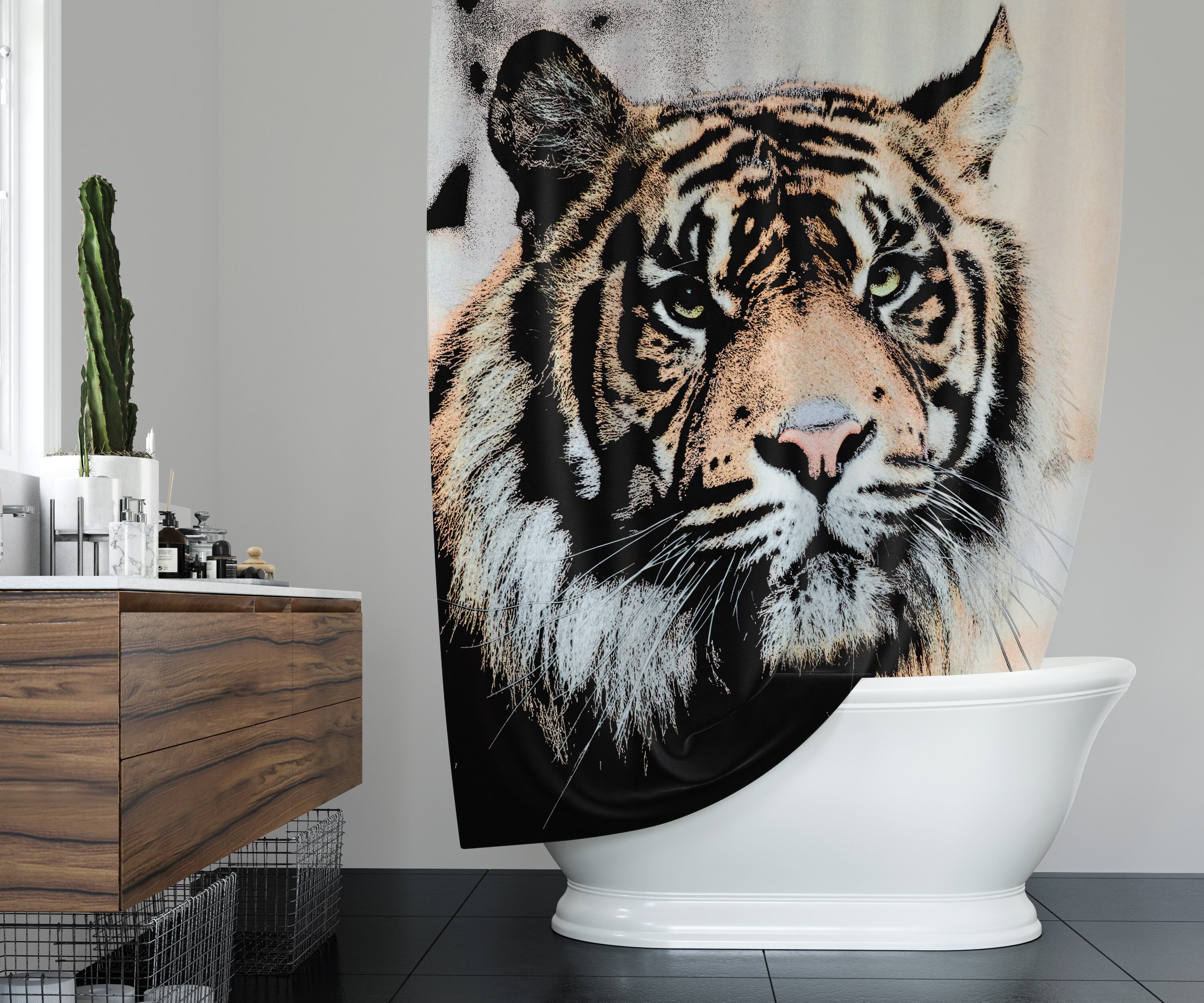 Tiger Sketch Style Shower Curtain for Big Cat Lovers' Bathroom Decor
