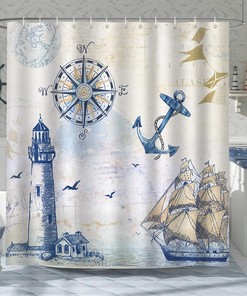 Timeless Nautical Sailboat Shower Curtain with Lighthouse and Compass Design