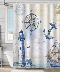 Timeless Nautical Sailboat Shower Curtain with Lighthouse and Compass Design