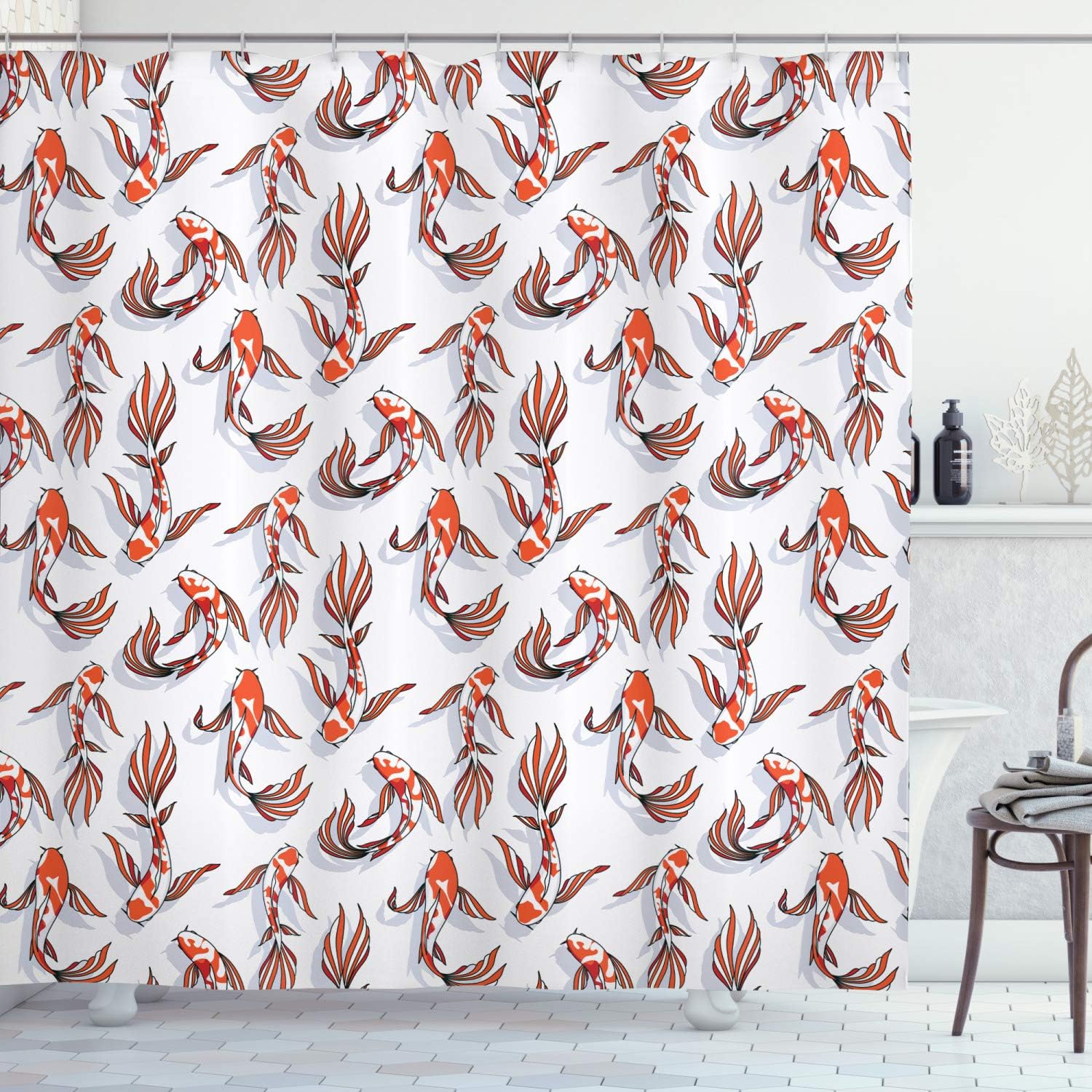 Top View Graphic Koi Fish Shower Curtain, Oriental Vibes Extra Wide Cloth Bathroom Decor in Vermilion and Charcoal Grey