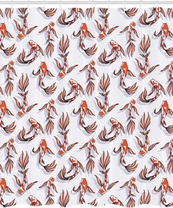 Top View Graphic Koi Fish Shower Curtain, Oriental Vibes Extra Wide Cloth Bathroom Decor in Vermilion and Charcoal Grey