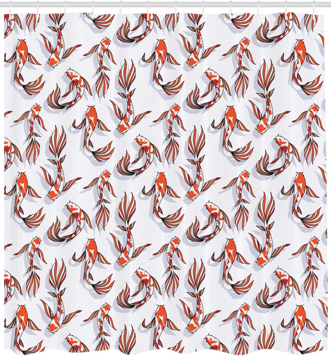 Top View Graphic Koi Fish Shower Curtain, Oriental Vibes Extra Wide Cloth Bathroom Decor in Vermilion and Charcoal Grey