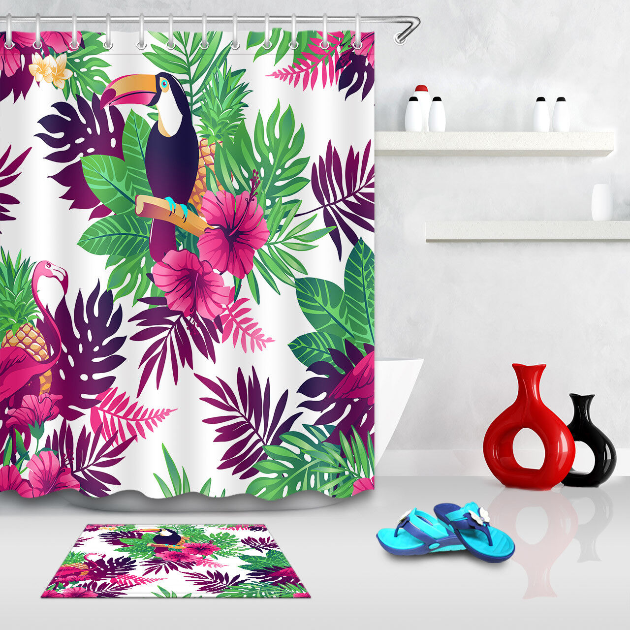 Toucan Flamingo Shower Curtain Tropical Leaves Exotic Flowers Bathroom Decor