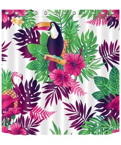 Toucan Flamingo Shower Curtain Tropical Leaves Exotic Flowers Bathroom Decor