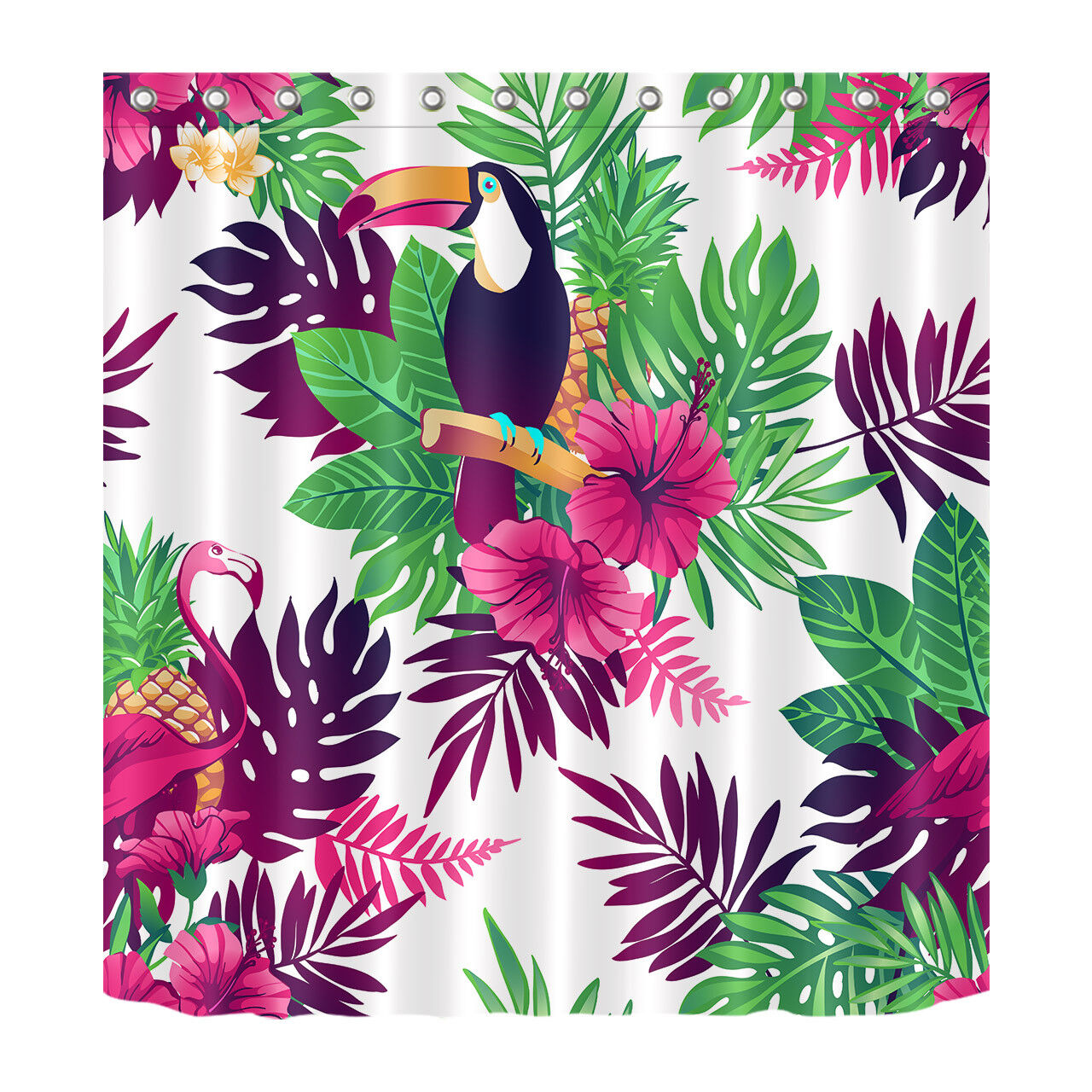 Toucan Flamingo Shower Curtain Tropical Leaves Exotic Flowers Bathroom Decor